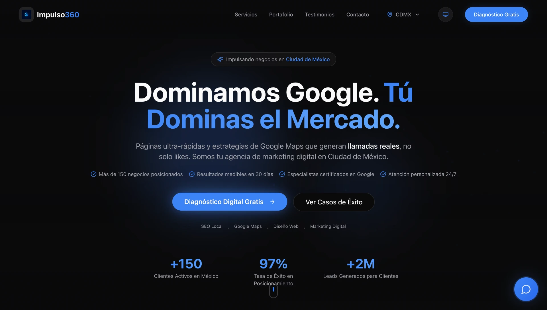 Sitio de Impulso 360 con el titular Dominamos Google. Tú dominas el mercado, en fondo oscuro con acentos azules