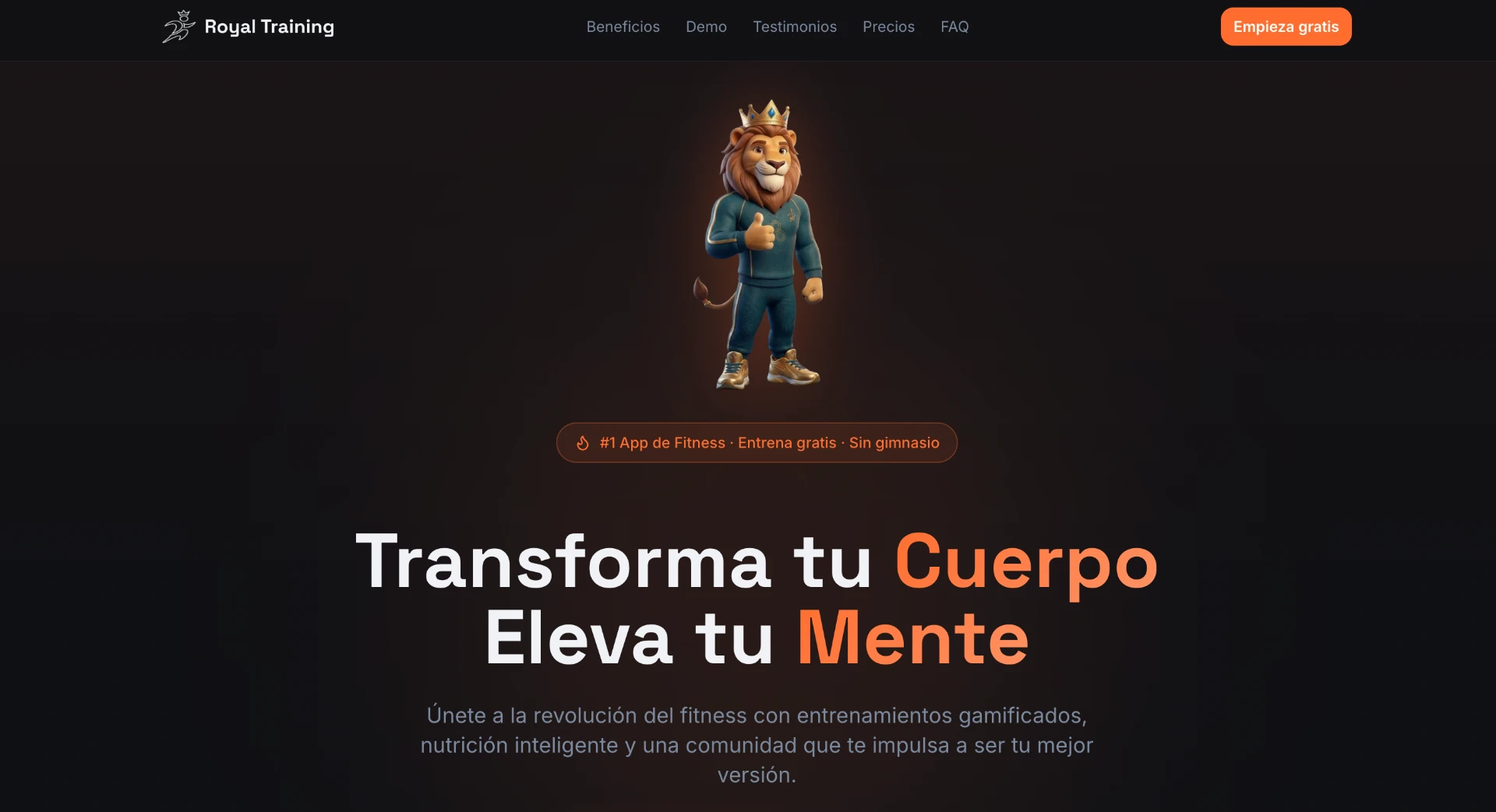 Royal Training landing page with its crowned lion mascot over a dark interface