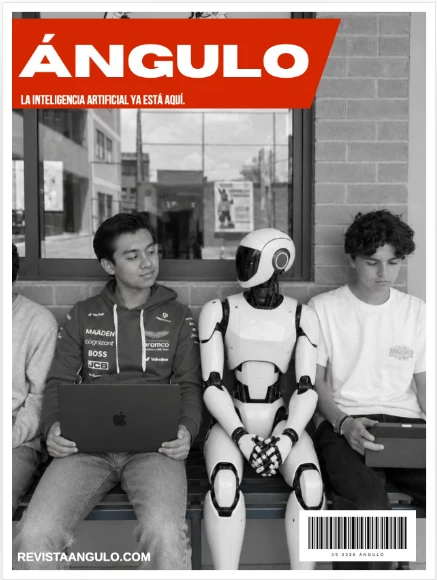 Portada de la Revista Ángulo número 01: estudiantes junto a un robot humanoide, con el título La inteligencia artificial ya está aquí